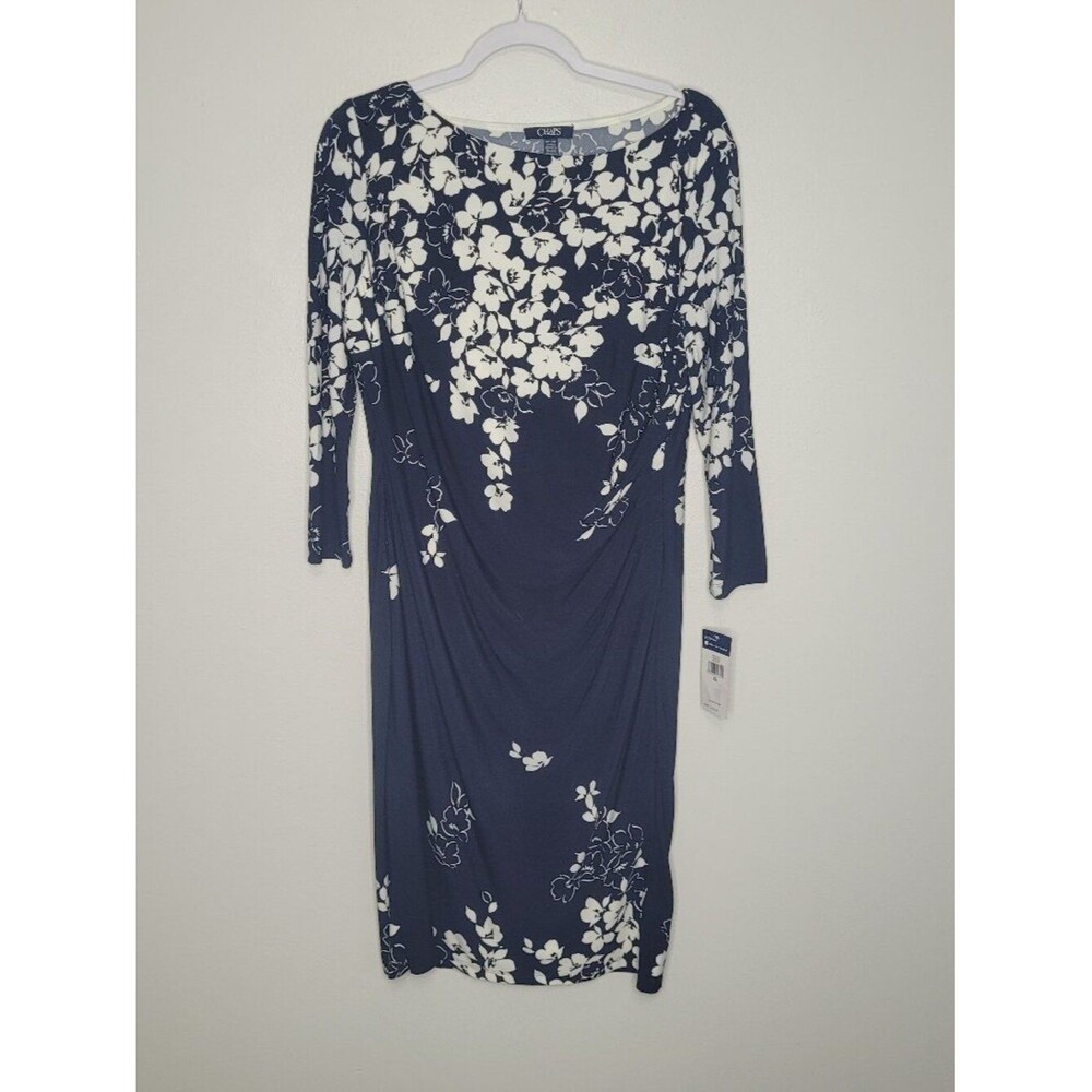 Chaps navy blue white flower print ruched flattering stretch 3/4 sleeve dress xl
